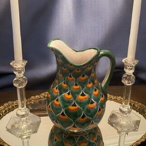Vintage Mexican Hand-Painted Talavera Pitcher – Green Peacock Scale Design
